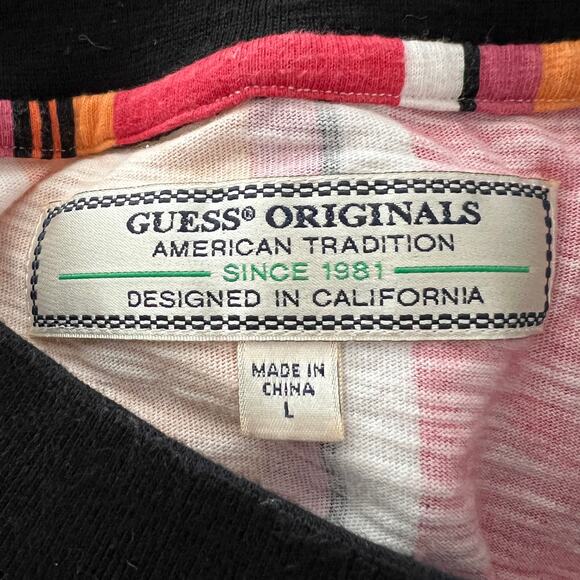 GUESS Mens Red Orange Striped Logo T-Shirt Sz L Y2K Streetwear L.A. Hipster - Picture 5 of 7